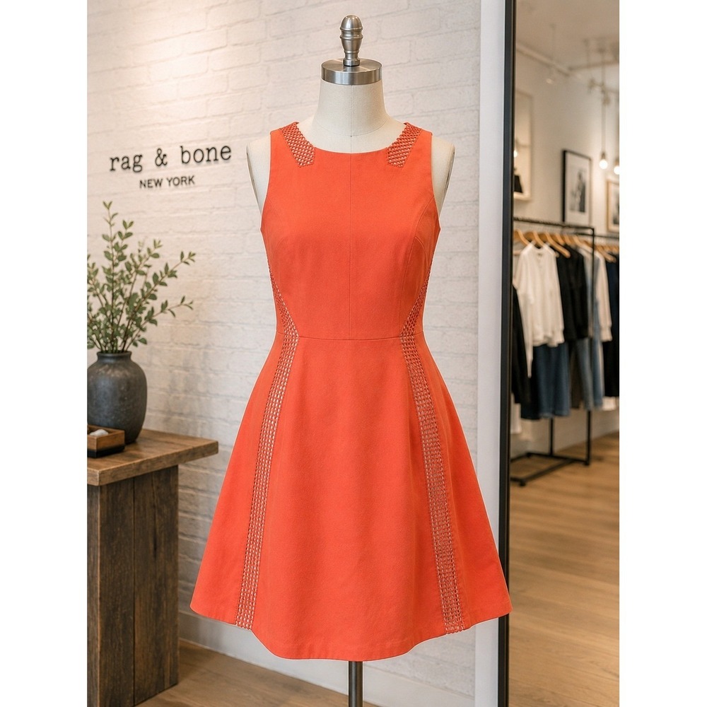 Rag & Bone Orange A-Line Dress Size 10  Cotton Blend Fit & Flare Open Knit